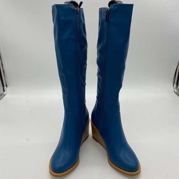 Blue Side Zipper Wedge High Heels Over The Knee Thigh High Boots - Picture 2 of 14